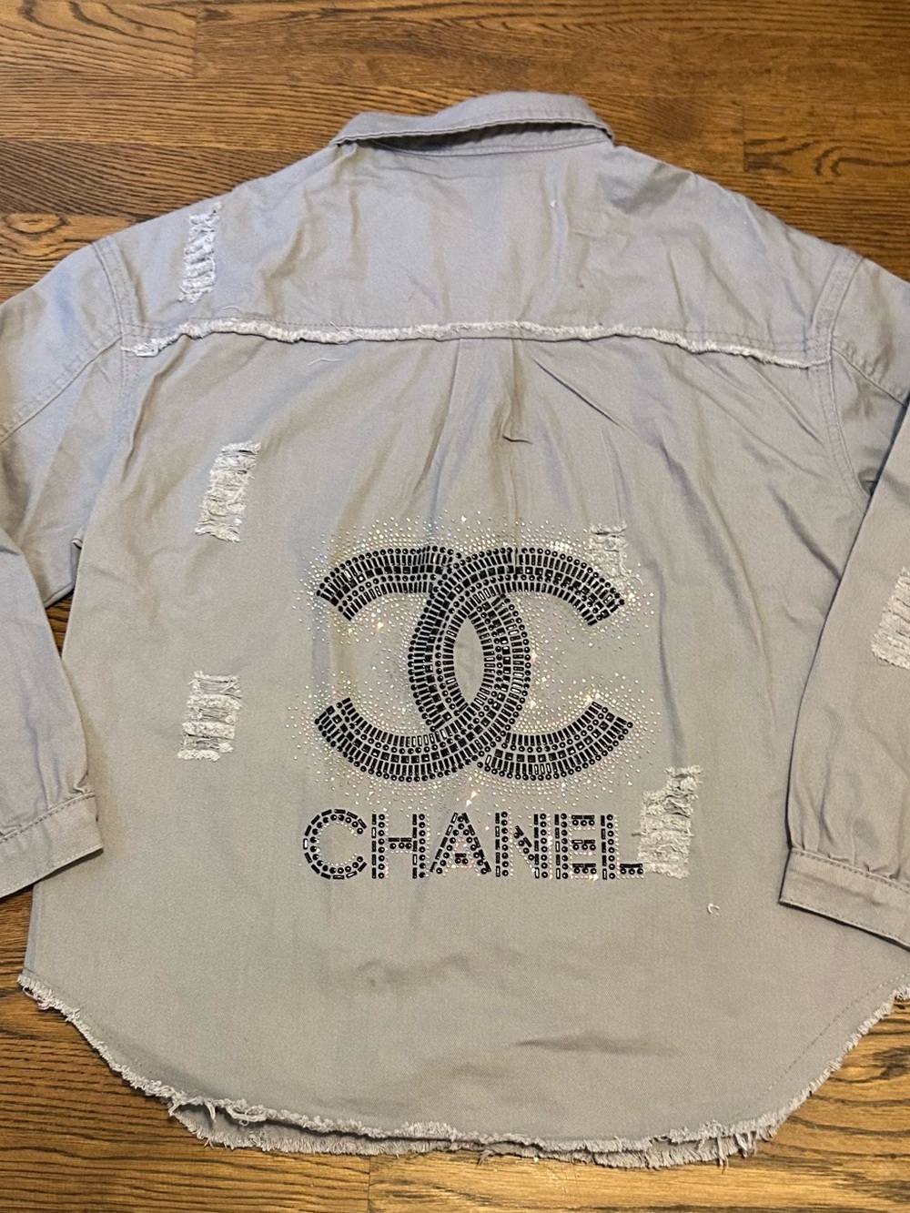 1 of a kind Gray Utility Jacket with Rhinestone Chanel likeLogo by designer Xoxo